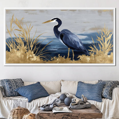 Coastal Heron Gold Reeds Canvas Wall Art