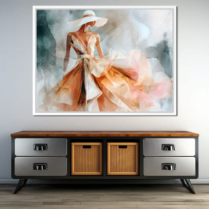 Sun Hat Lady in Peach Gown Canvas Wall Art
