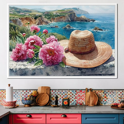 Seaside Blooms and Straw Hat Canvas Wall Art