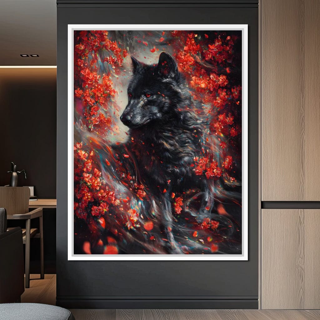 Black Wolf Rose Petal Storm Canvas Wall Art