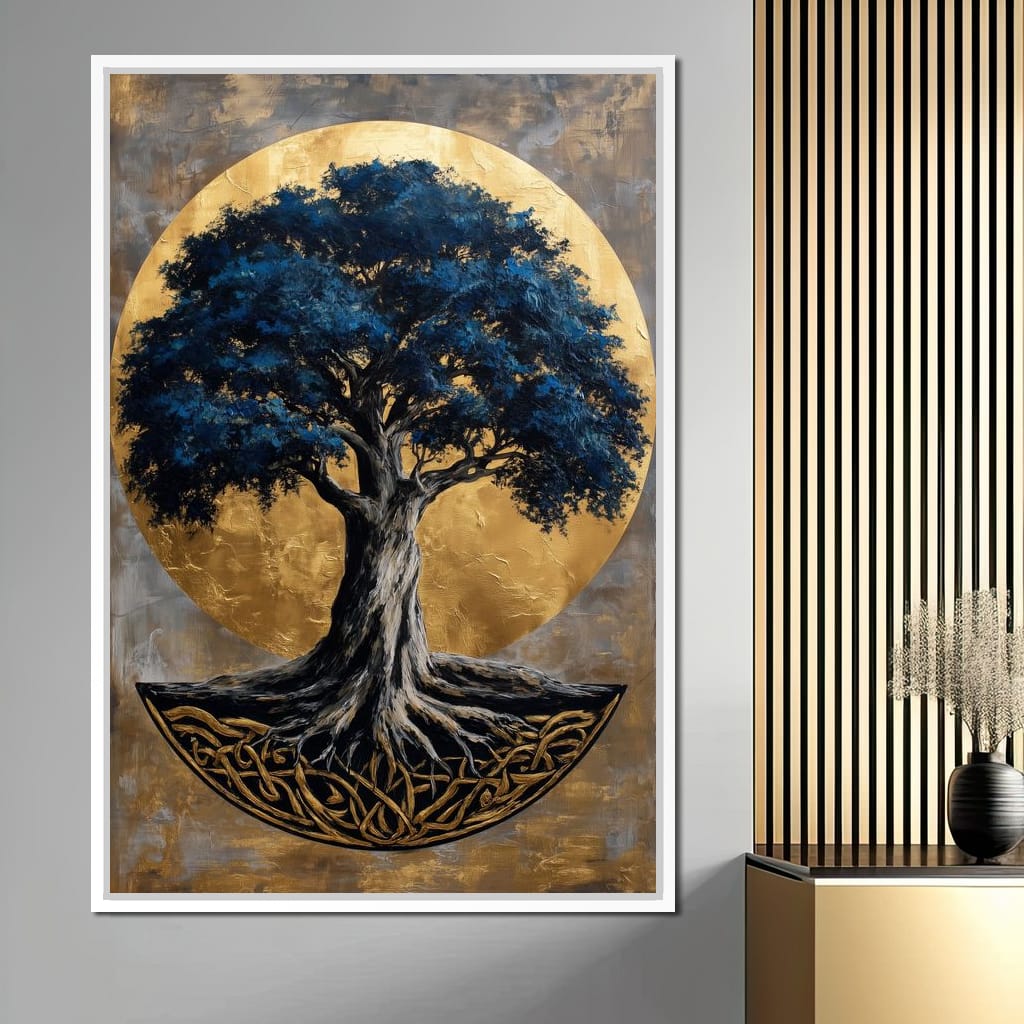 Golden Halo Blue Tree of Life Canvas Wall Art