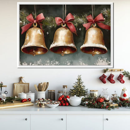 Snow Kissed Golden Holiday Bells Canvas Wall Art