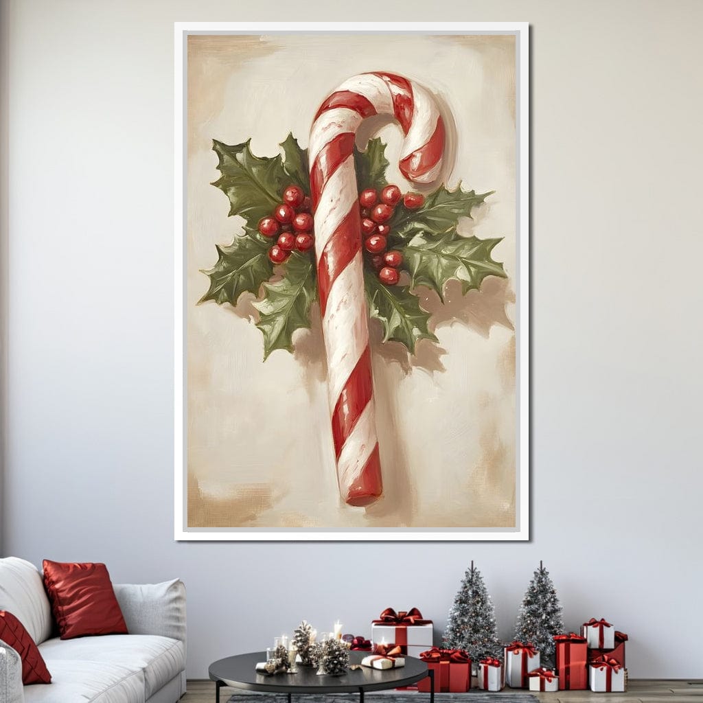 Christmas Candy Cane Holly Joy Canvas Wall Art