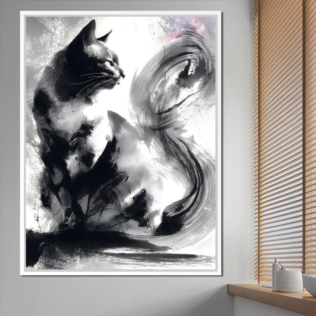 Sumi Ink Cat Reflecting Shadow Canvas Wall Art