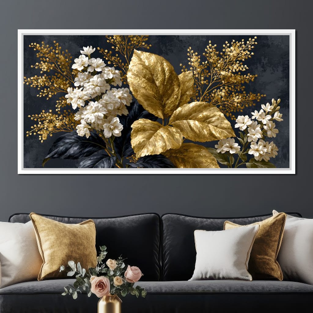 Gilded Foliage Upon Midnight Velvet Canvas Wall Art