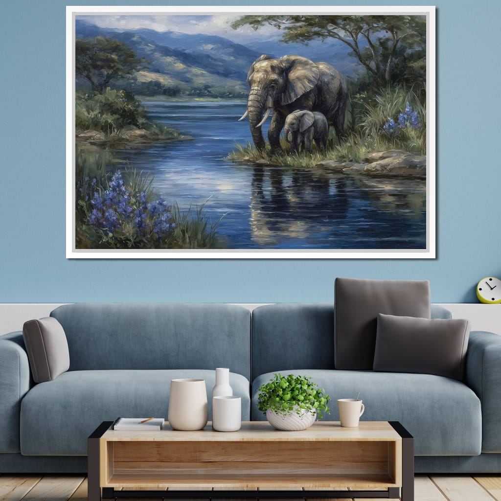 Elephant Family Riverbank Dream Canvas Wall Art