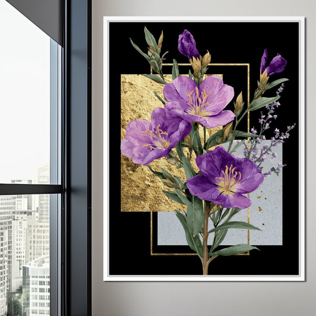 Golden Frame Violet Blossoms Canvas Wall Art