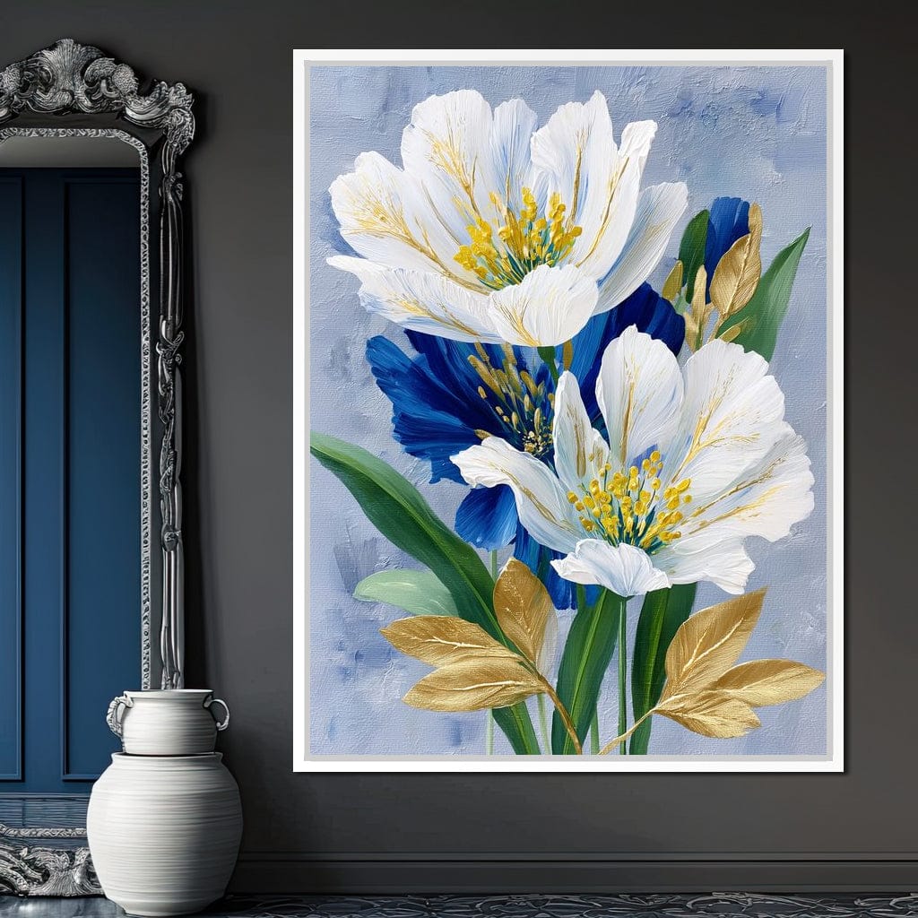 White Peony Blue Petals Gold Canvas Wall Art