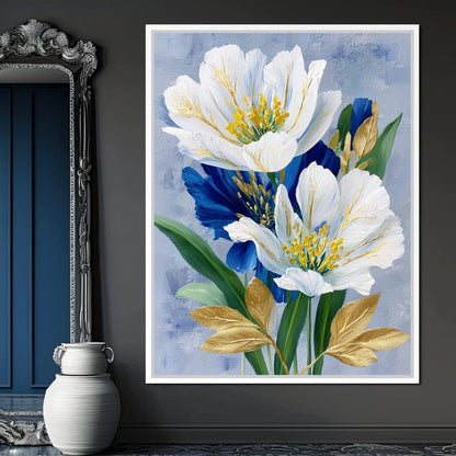 White Peony Blue Petals Gold Canvas Wall Art