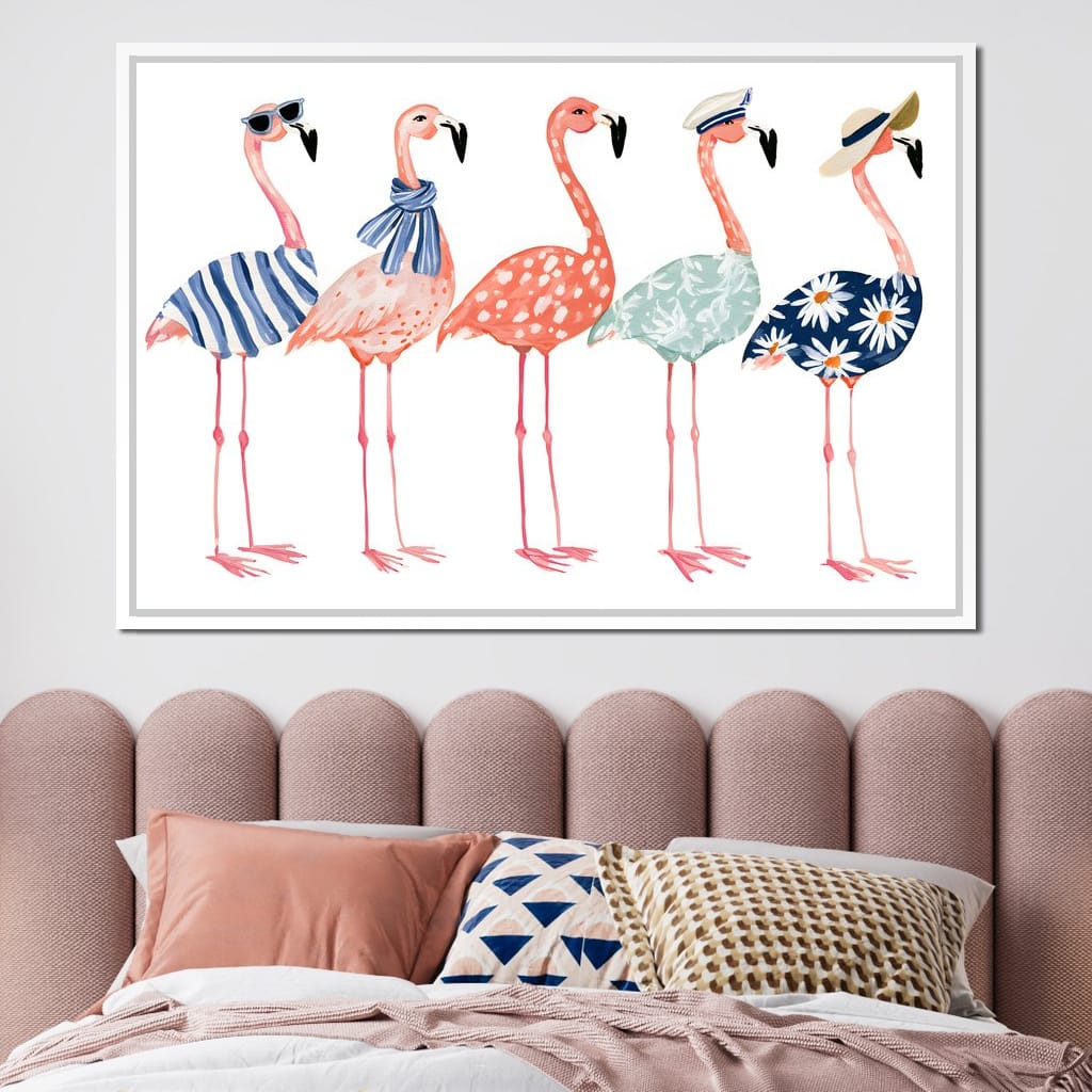 Five Stylish Flamingos on Summer Vacation Canvas Wall Art