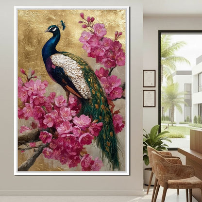 Golden Peacock Cherry Blossom Canvas Wall Art
