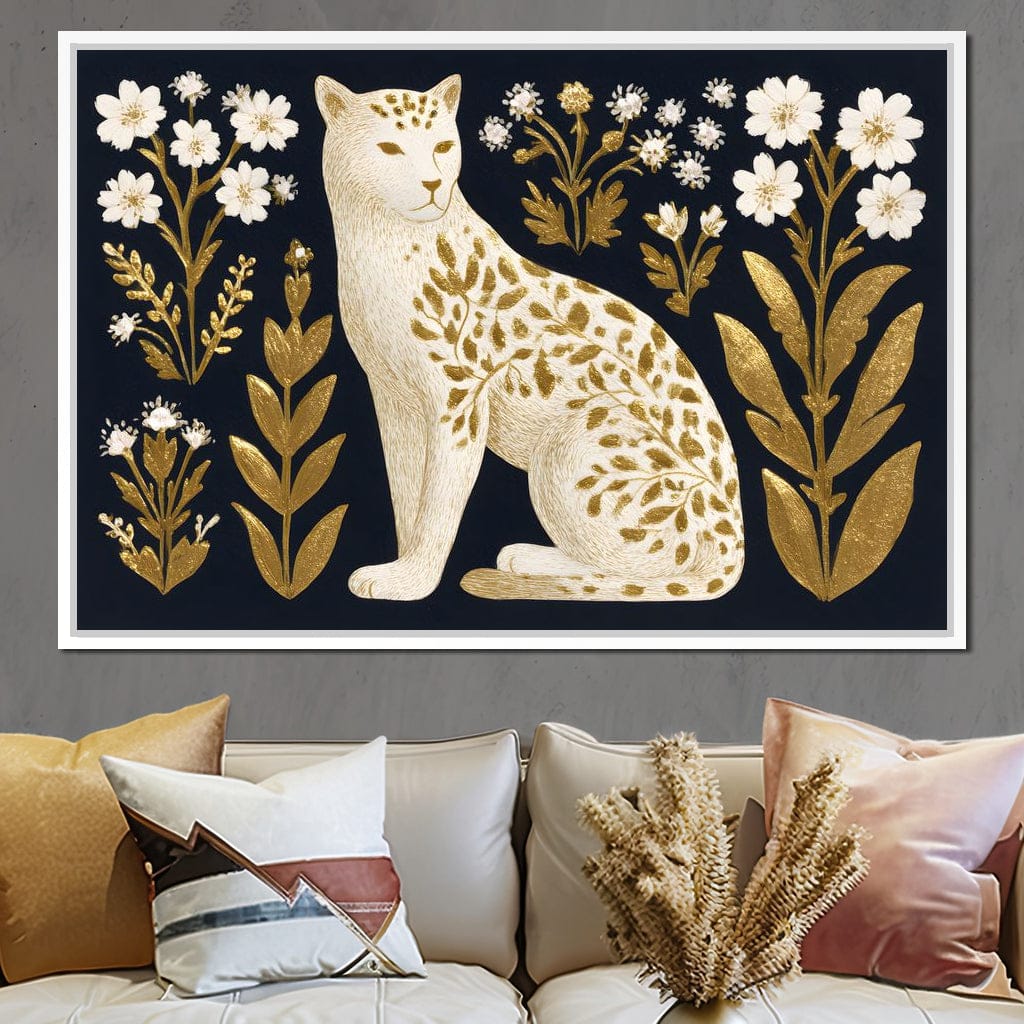 Golden Botanical Leopard Cat Canvas Wall Art