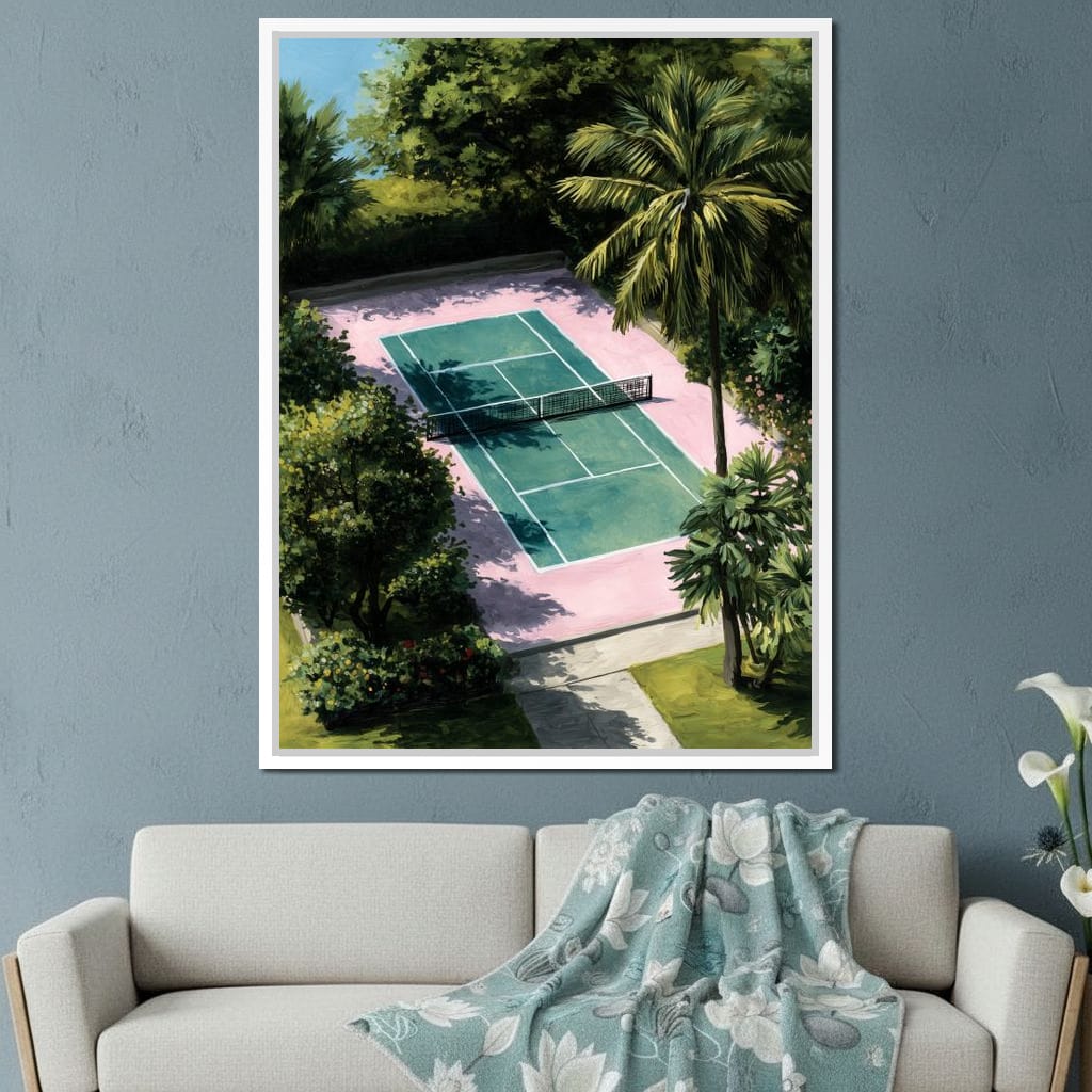Palm Court Tennis Retreat Scene Canvas Wall Art