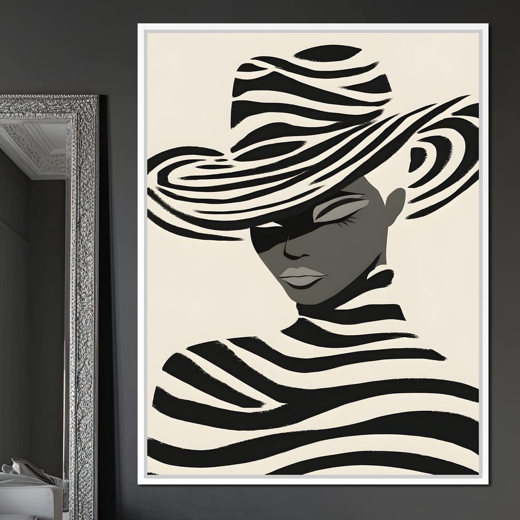 Monochrome Zebra Hat Lady Canvas Wall Art