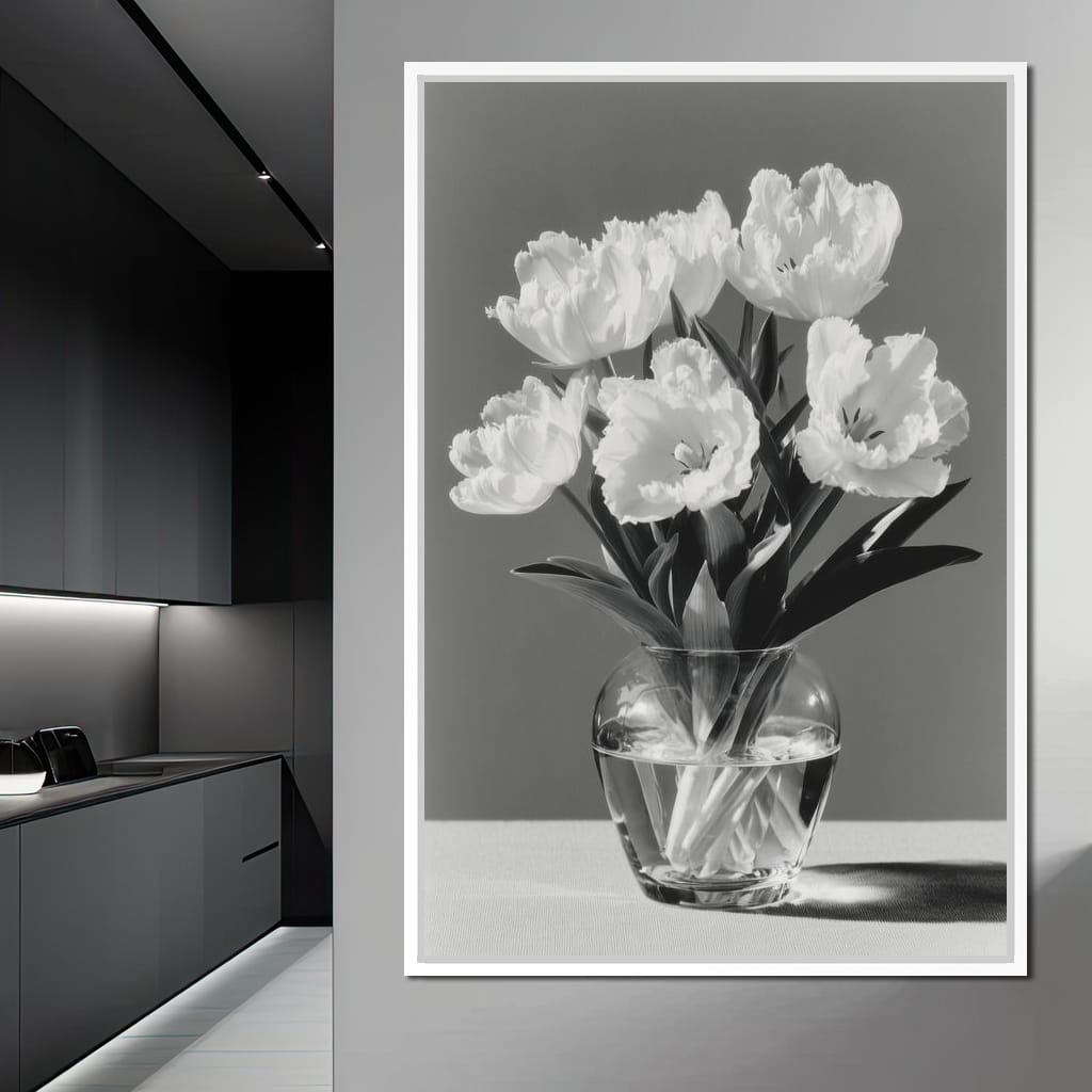 Monochrome Tulips Glass Vase Canvas Wall Art