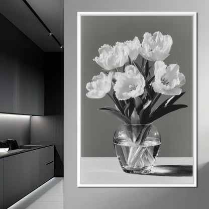 Monochrome Tulips Glass Vase Canvas Wall Art