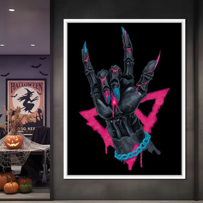 Neon Skeleton Rock Hand Sign Canvas Wall Art