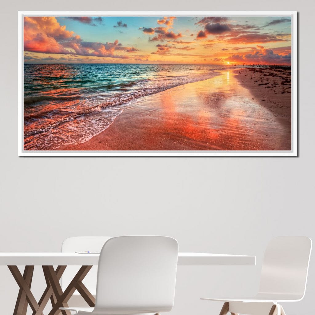 Sunset Over an Ocean Beach Shore Canvas Wall Art