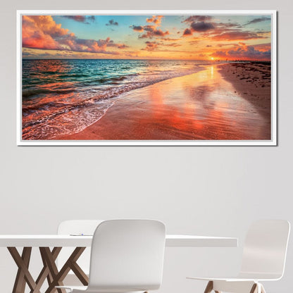 Sunset Over an Ocean Beach Shore Canvas Wall Art