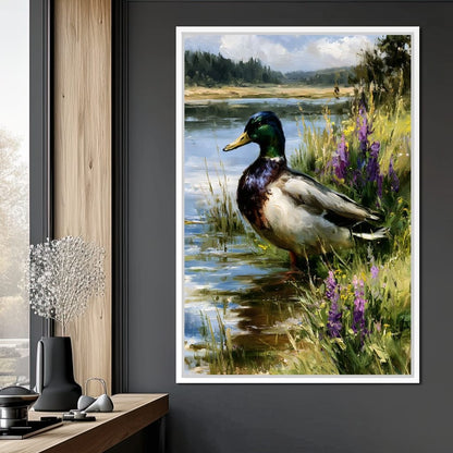 Solitary Mallard By The Still Shore Canvas Wall Art