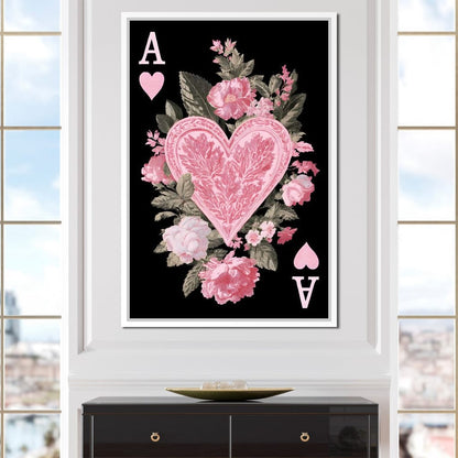 Floral Ace of Hearts Pink Rose Canvas Wall Art