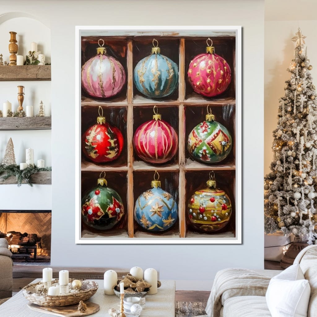 Vintage Christmas Ornaments Grid Canvas Wall Art