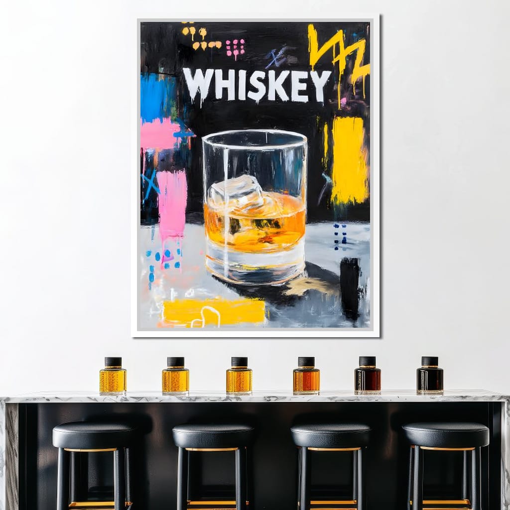 Neon Whiskey On The Rocks Canvas Wall Art
