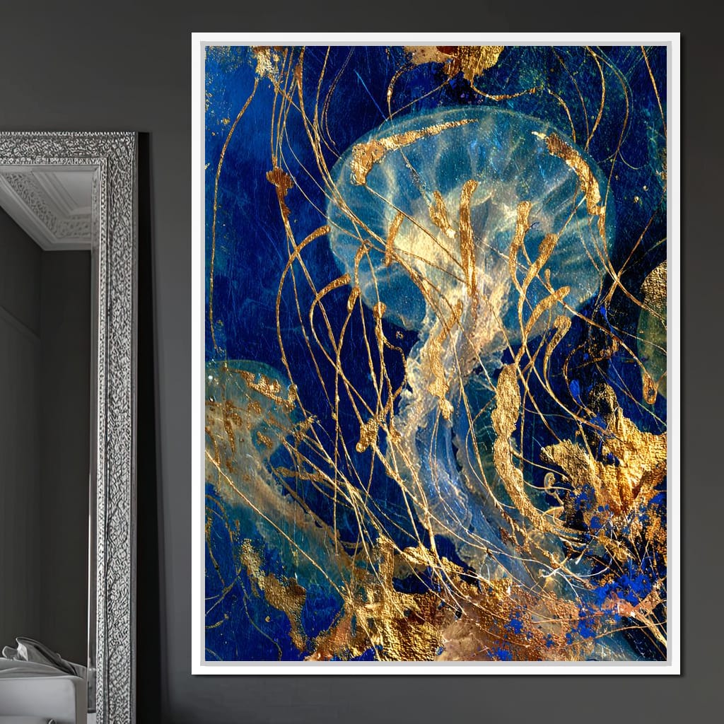 Golden Jellyfish Deep Blue Sea Canvas Wall Art