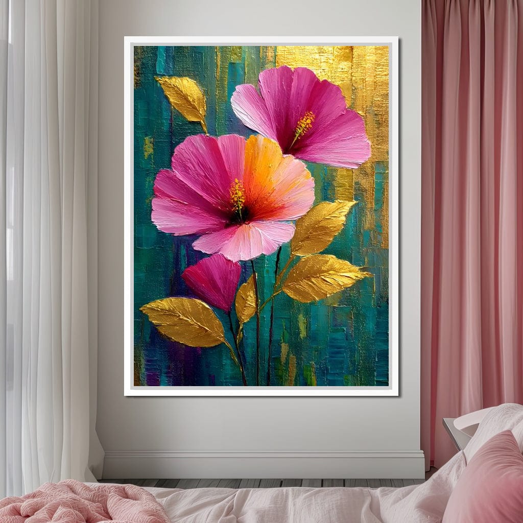 Teal Garden Golden Petals Flourish Canvas Wall Art