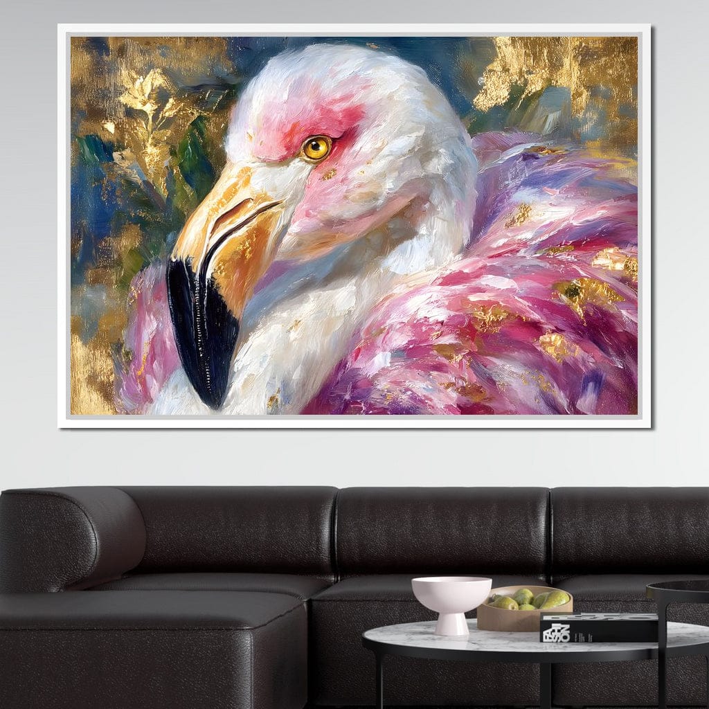 Golden Pink Flamingo Portrait Canvas Wall Art
