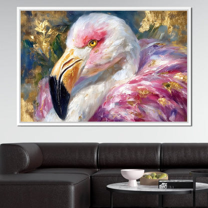 Golden Pink Flamingo Portrait Canvas Wall Art