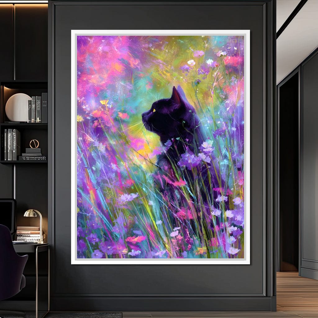Midnight Feline Among Wildflowers Canvas Wall Art