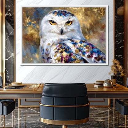 Golden Snow Owl Portrait Canvas Wall Art
