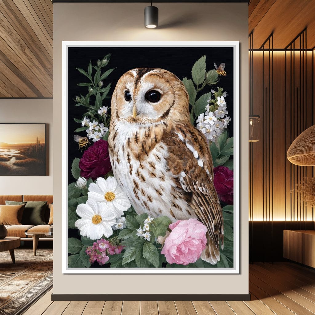 Barn Owl Floral Night Garden Canvas Wall Art
