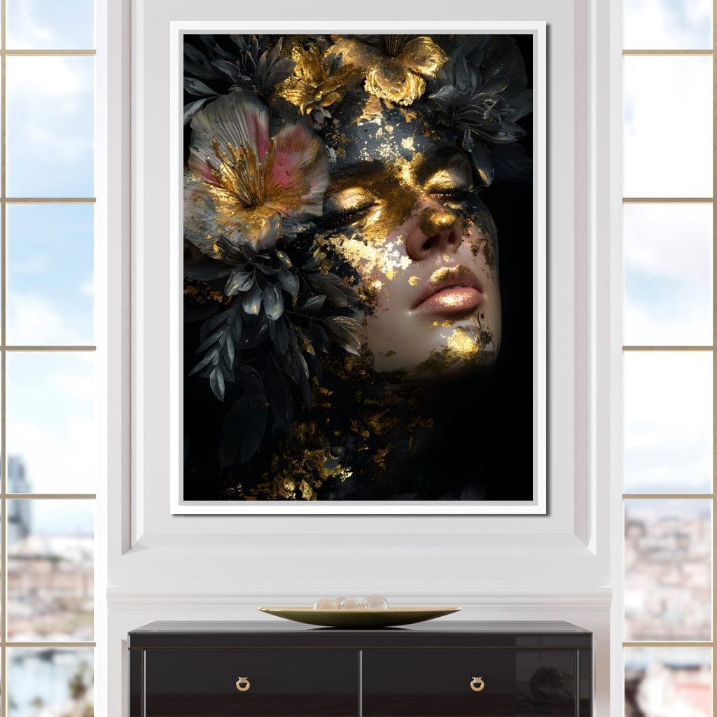 Golden Reverie Floral Visage Canvas Wall Art