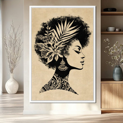 Botanical Afro Queen Silhouette Canvas Wall Art