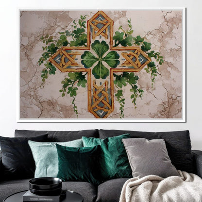 Celtic Cross Clover Wreath Canvas Wall Art