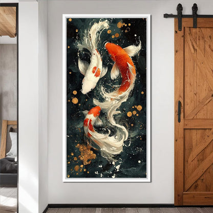 Koi Dance Under Golden Moon Canvas Wall Art