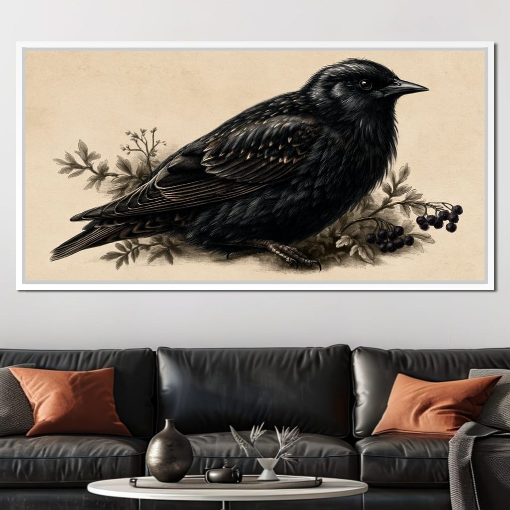 Solitary Starling Perched Upon Wild Berries Canvas Wall Art