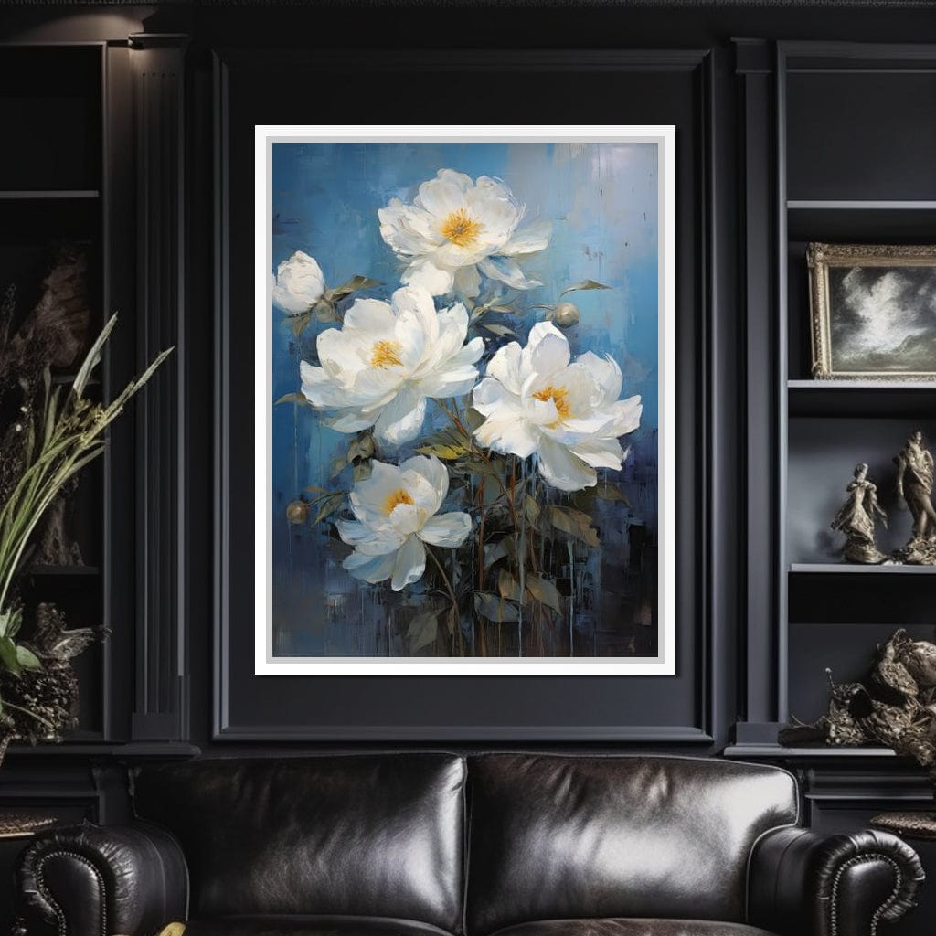 White Peonies on Light Blue Background Canvas Wall Art