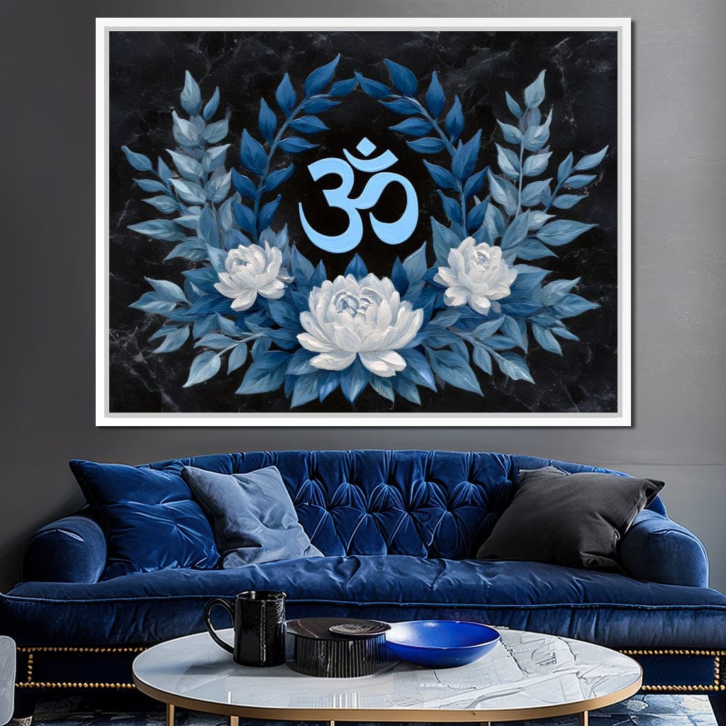Om Symbol Blue Lotus Wreath Canvas Wall Art