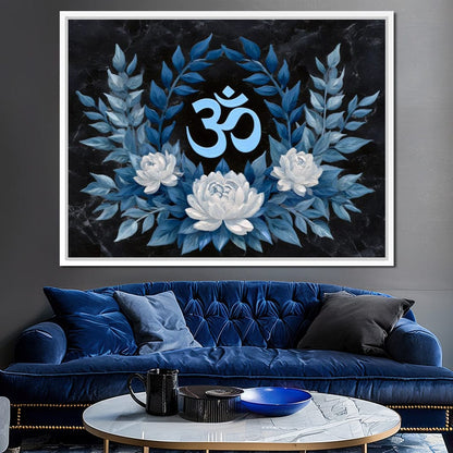 Om Symbol Blue Lotus Wreath Canvas Wall Art