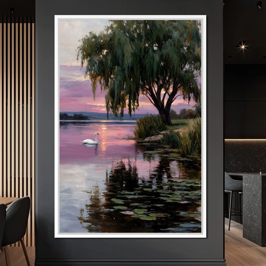 Swan Lake Sunset Willow Tree Canvas Wall Art