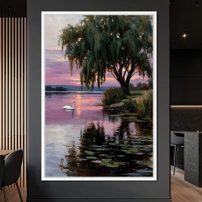 Swan Lake Sunset Willow Tree Canvas Wall Art