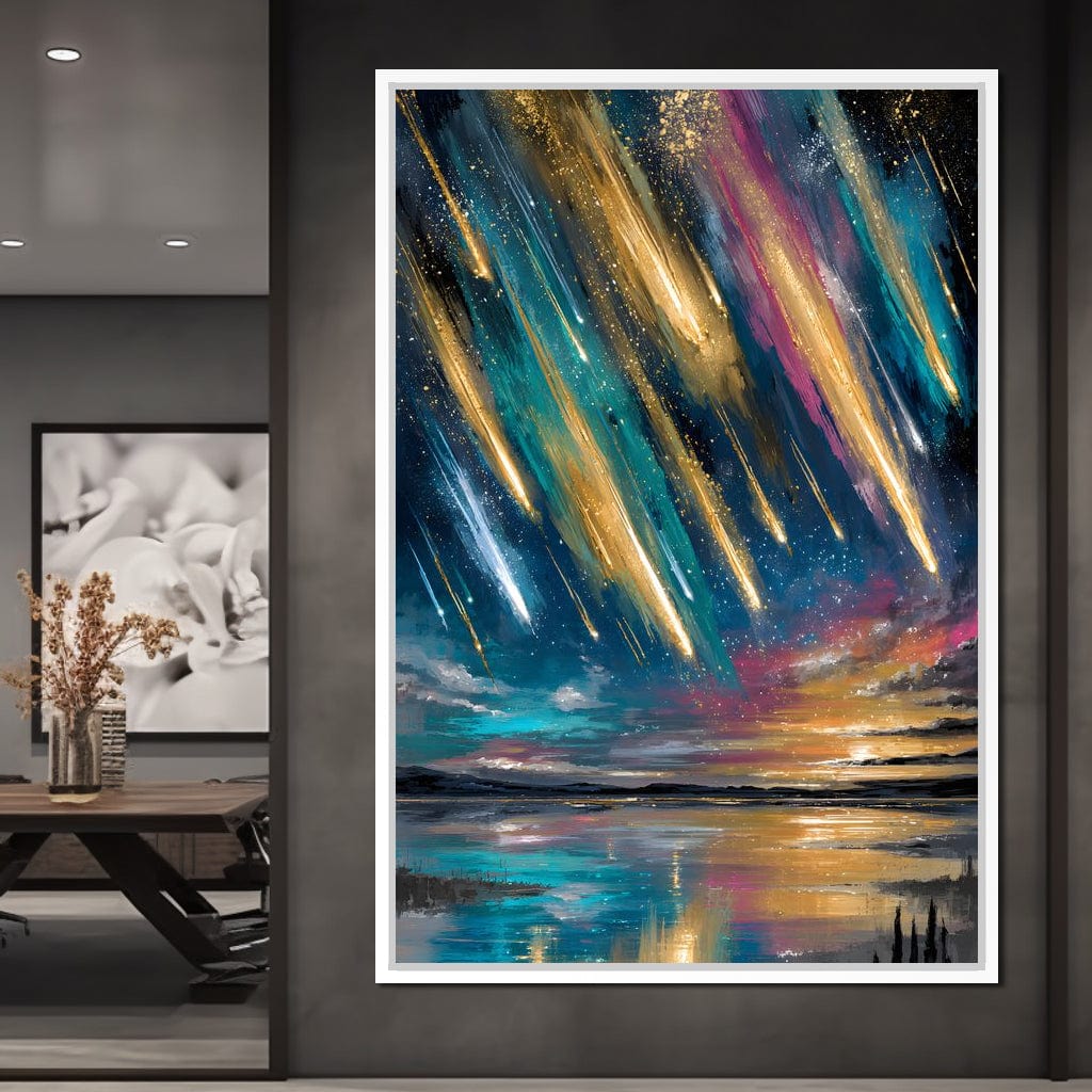 Golden Meteors Over Silent Lake Canvas Wall Art