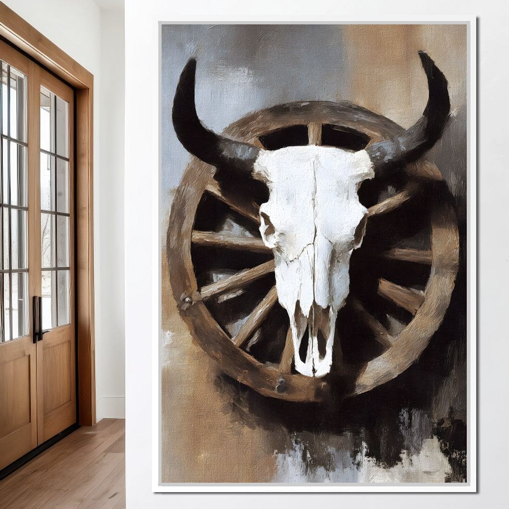 Western Bull Skull Wagon Wheel Canvas Wall Art