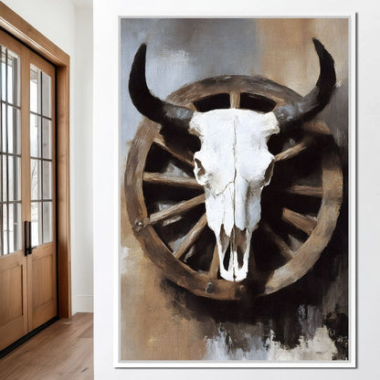 Western Bull Skull Wagon Wheel Canvas Wall Art