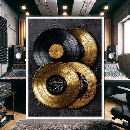 Gold Vinyl Records Noir Marble Canvas Wall Art