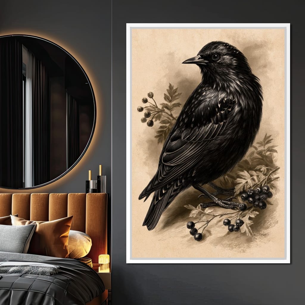 Solitary Starling Perched Upon Hawthorn Branch Canvas Wall Art