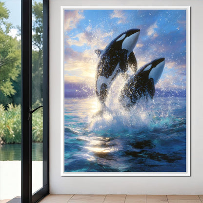 Breaching Orcas Dawn Ocean Dance Canvas Wall Art